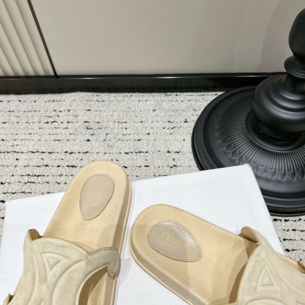 Celine Cream Suede Slide Sandals with Signature Cutout - Picture 7 of 9